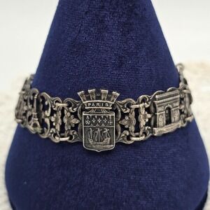 Vintage Paris Souvenir Bracelet Eiffel Tower Filigree Charm Panel French Travel